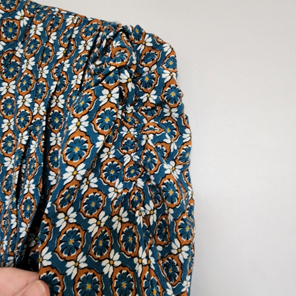 Zara Longsleeve Blouse Shirt Blue Tan Pattern - Picture 5 of 10